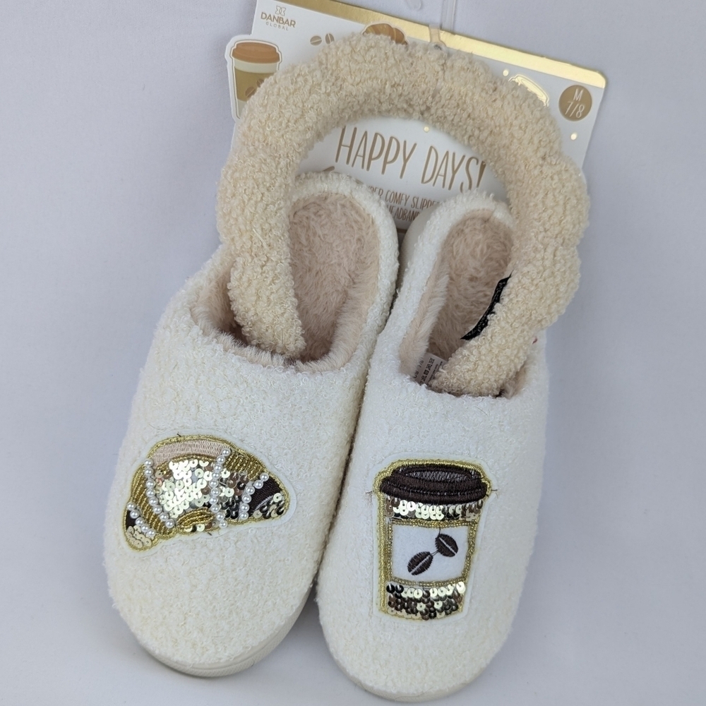 Slippers & Headband Coffee Croissant Sherpa Embroidery Sequins Ivory M (7/8) NWT